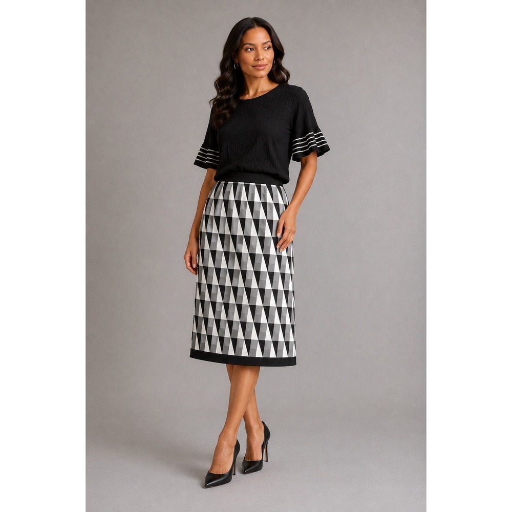 Nina Leonard Black White Geometric Knit A-Line Midi Skirt 1X Large Stretch Print